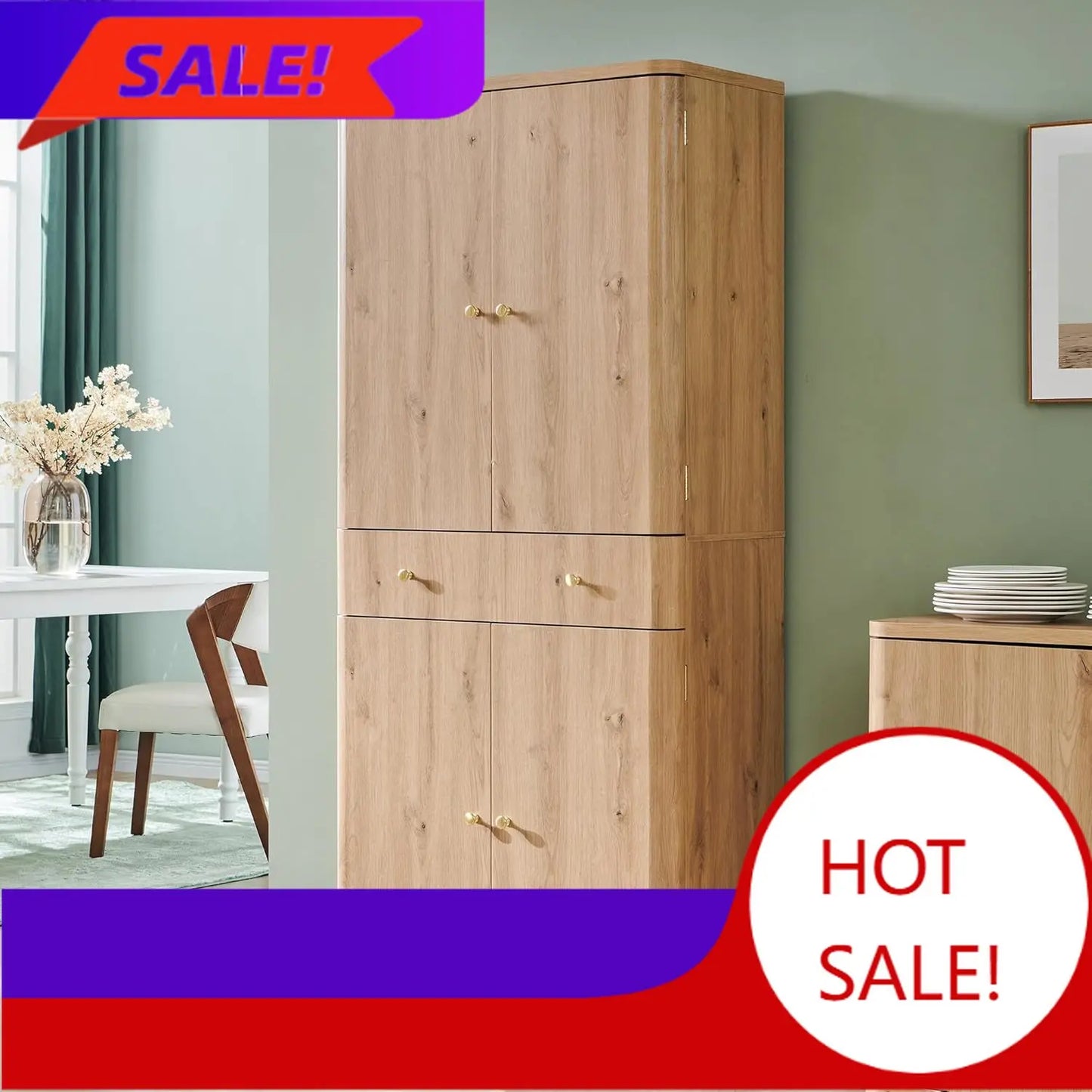 71" Tall Kitchen Pantry, Modern Curved Pantry Storage Cabinet with 4 Doors and 6 Adjustable Shelves, Cupboard for Kitchen, Dinin
