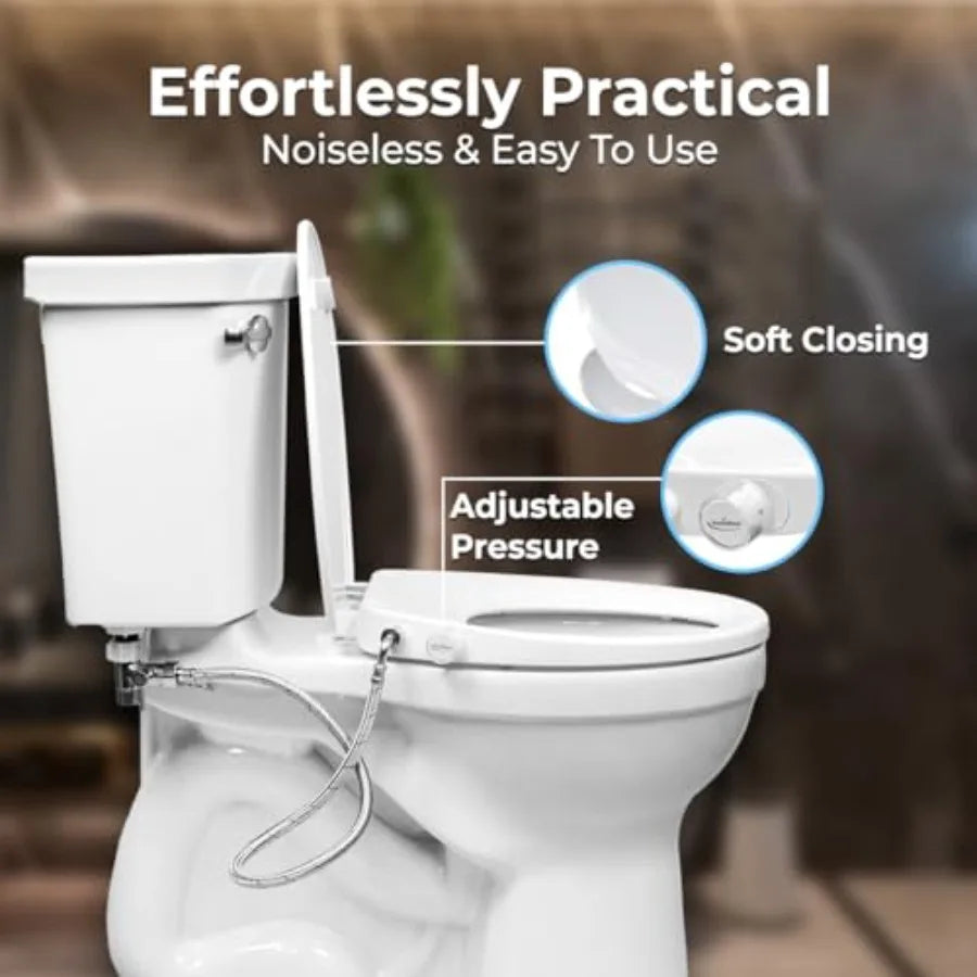 Right Side Bidet Toilet Seat Round with Adjustable Self-Cleaning Nozzles T Adapter Bottle - Non-Electric Bidet Seat in White fo