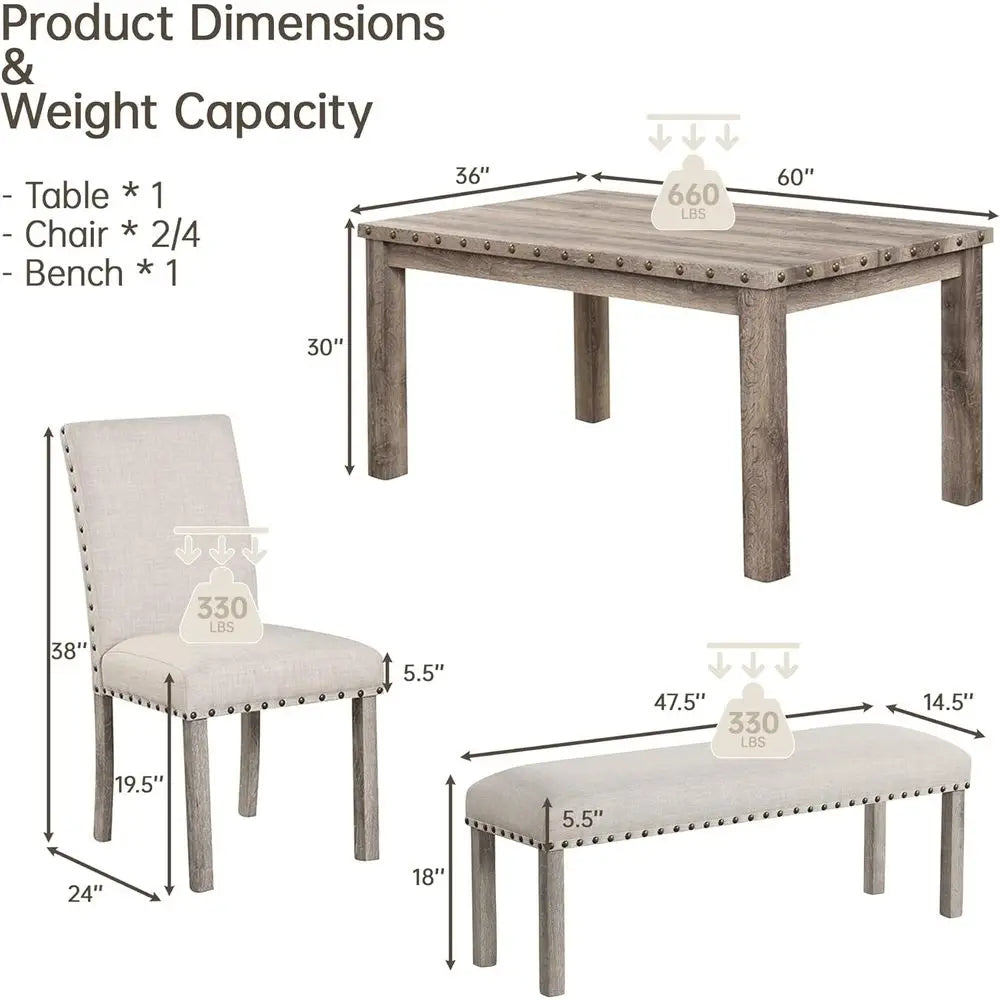 6-Piece Wooden Dining Set with Upholstered Bench and 4 Chairs, Elegant Kitchen Table with Nailhead Trim Accents