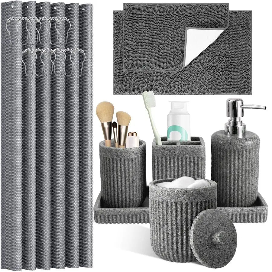 Grey Bathroom Sets with Shower Curtain and Rugs, Resin Bathroom Accessories Sets Complete with Soap Dispenser, Toothbrush Holde