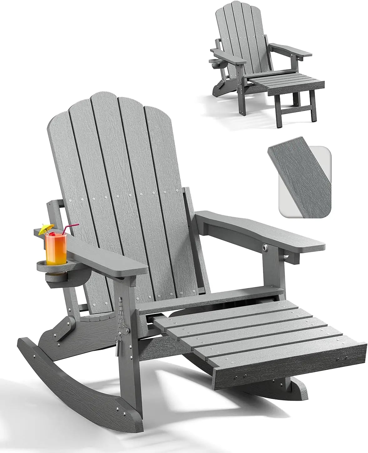 Adirondack Rocking Chairs with Retractable Ottoman & Cup Holders, 6-in-1 Folding HDPE Outdoor Rockers for Patio, Porch, Lawn