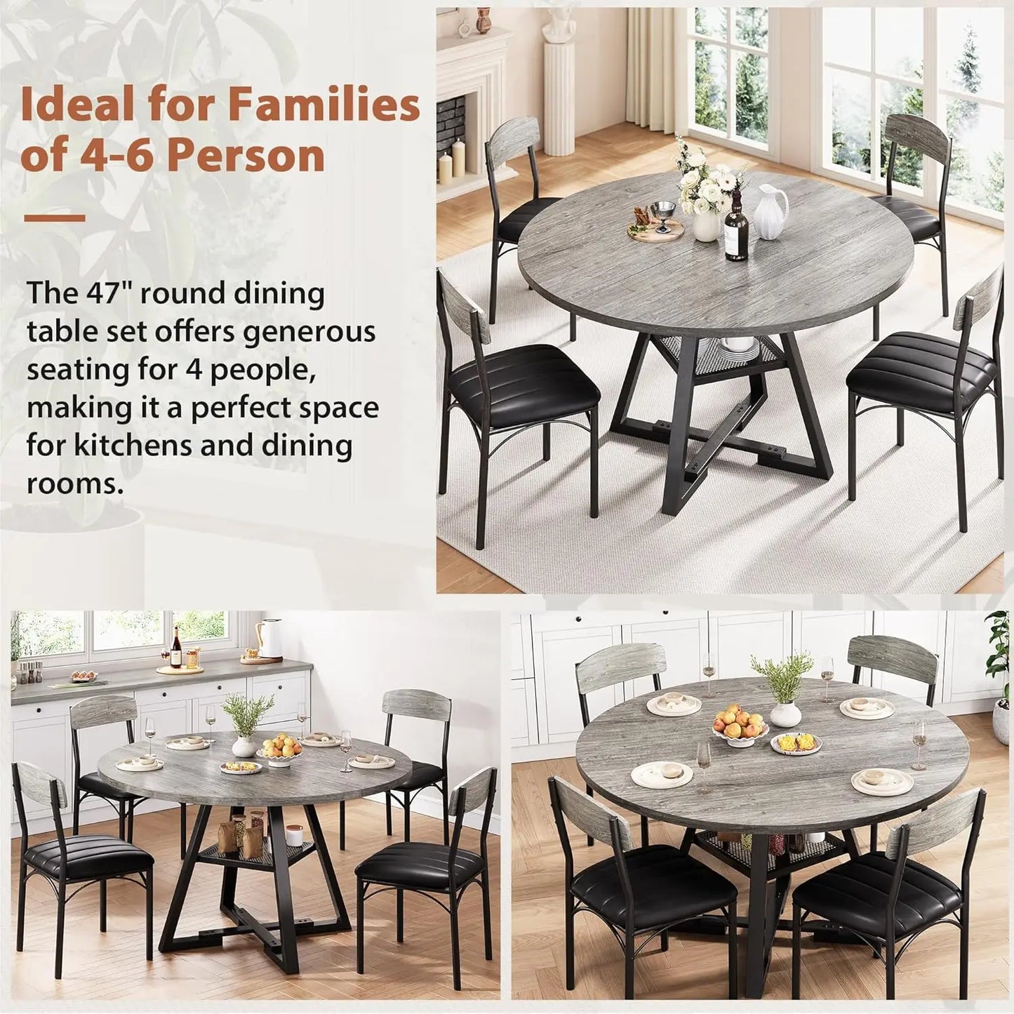 Round Dining Table Set for 4, Kitchen and Chairs for 4, Circle Round Pedestal Dining Room Dinner Dinette Set,5
