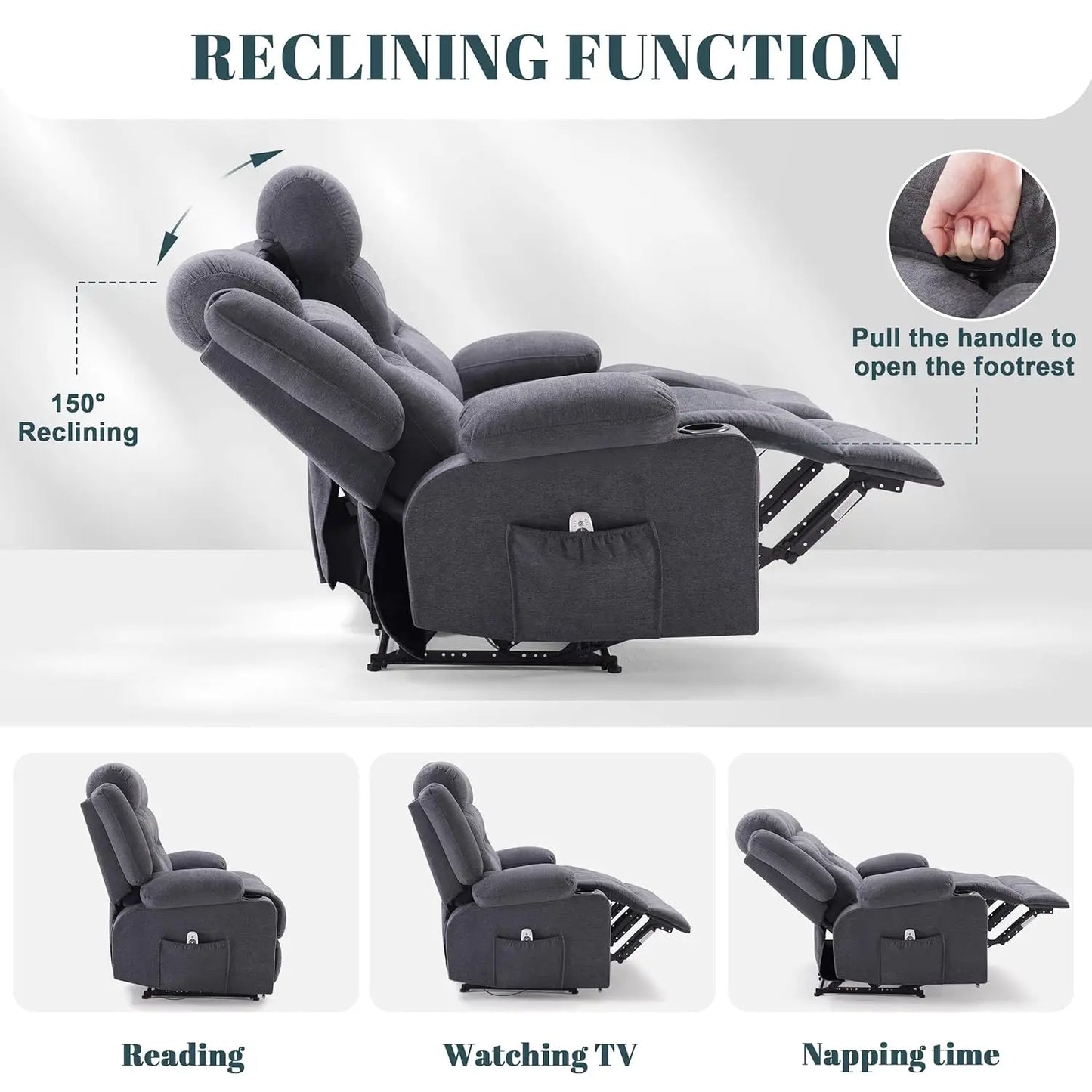 Oversized 3-Seater Recliner Sofa with Heat & Massage Wall-Hugger Cup Holders USB Port Fabric Grey for Living Room RV