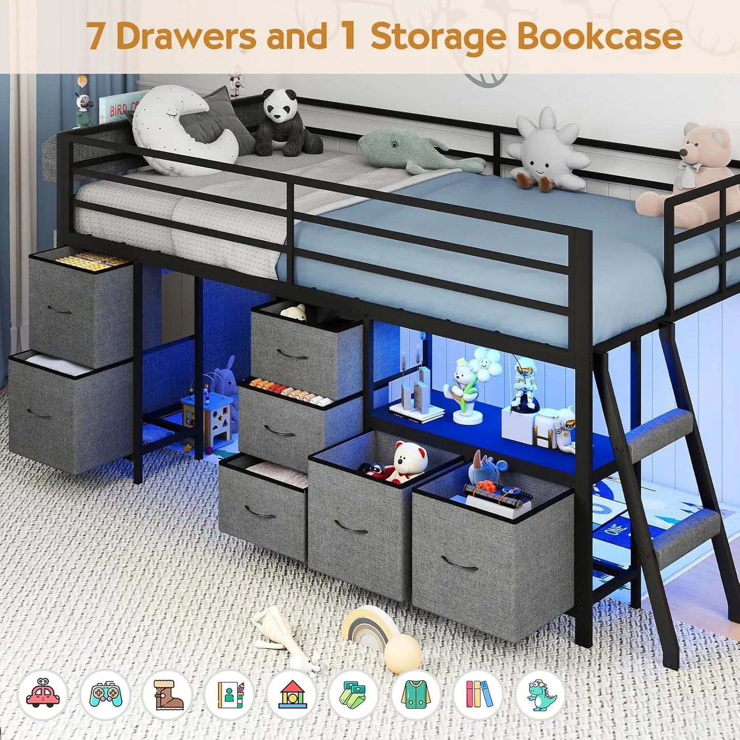 Twin Low Loft Bed 7 Drawers Bookcase 14" Guardrail LED Steel Slat Kids Play Space Gray, Customized
