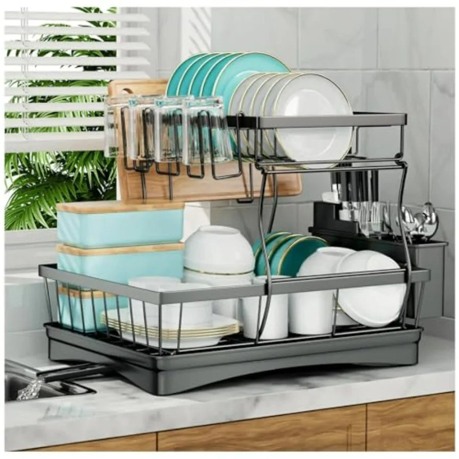 Large 2-Tier Dish Drying Rack for Kitchen Countertops Removable Large-Ccity Stainless Steel Dish Draining Rack with Rust-Resist
