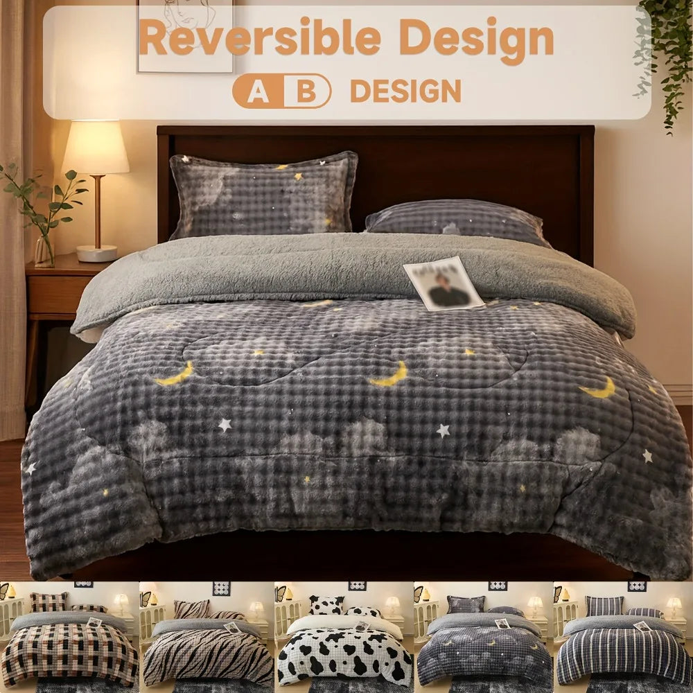 3-pc quilt set: all-season plush faux rabbit fur, Bohemian style. Perfect for bedroom/guest room & holiday gifts.