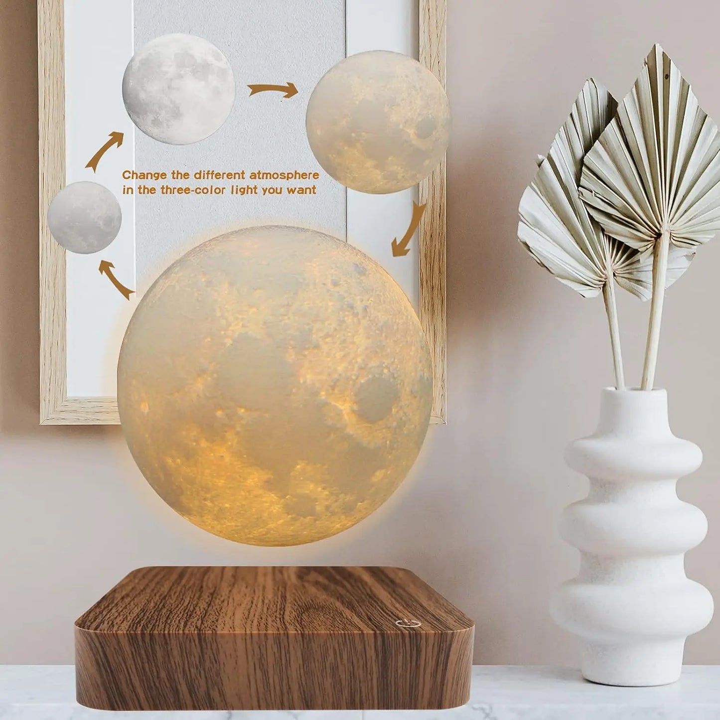 Magnetic Floating Rotating Moon Lamp with Wooden Base, 3 Color Temperature LED Night Lights of Print 3D for Unique Gifts,