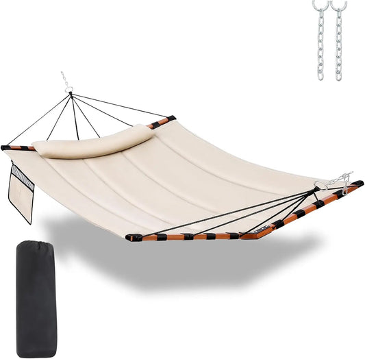 12FT 2-Person Large Hammock with V-Shaped Hardwood Spreader Bar, Nylon Rope for Outdoor Use - Beige