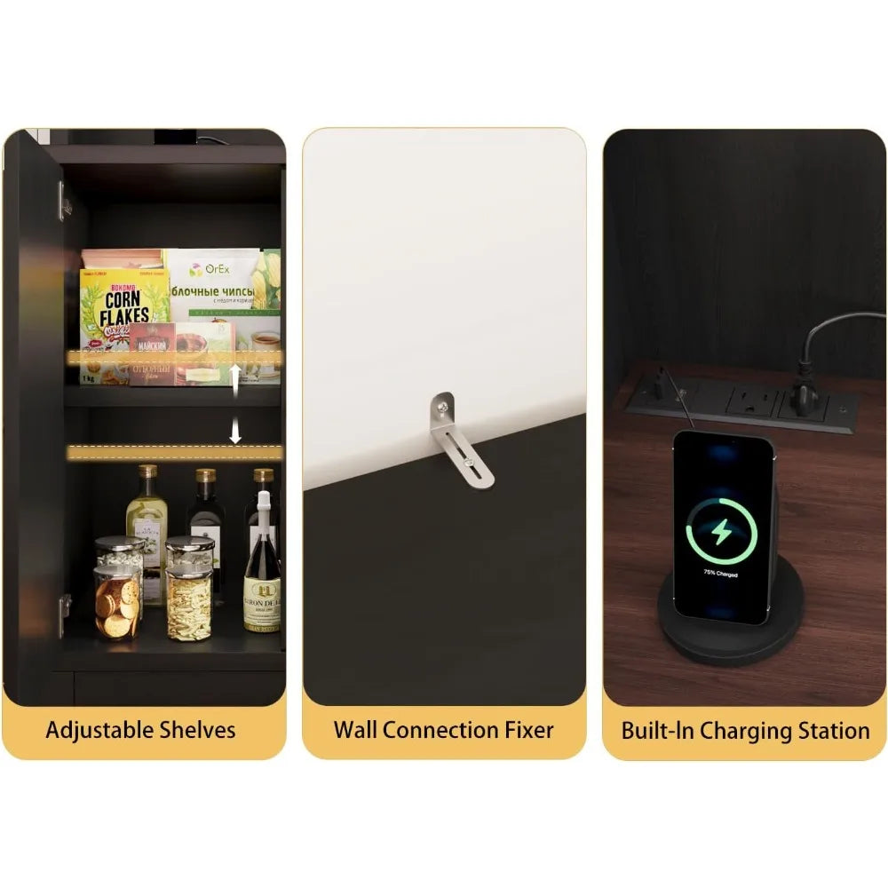 71" Tall Kitchen Pantry Cabinet with Microwave Shelf Built-in Charging Station, Black Sliding Door Cabinet, Customized