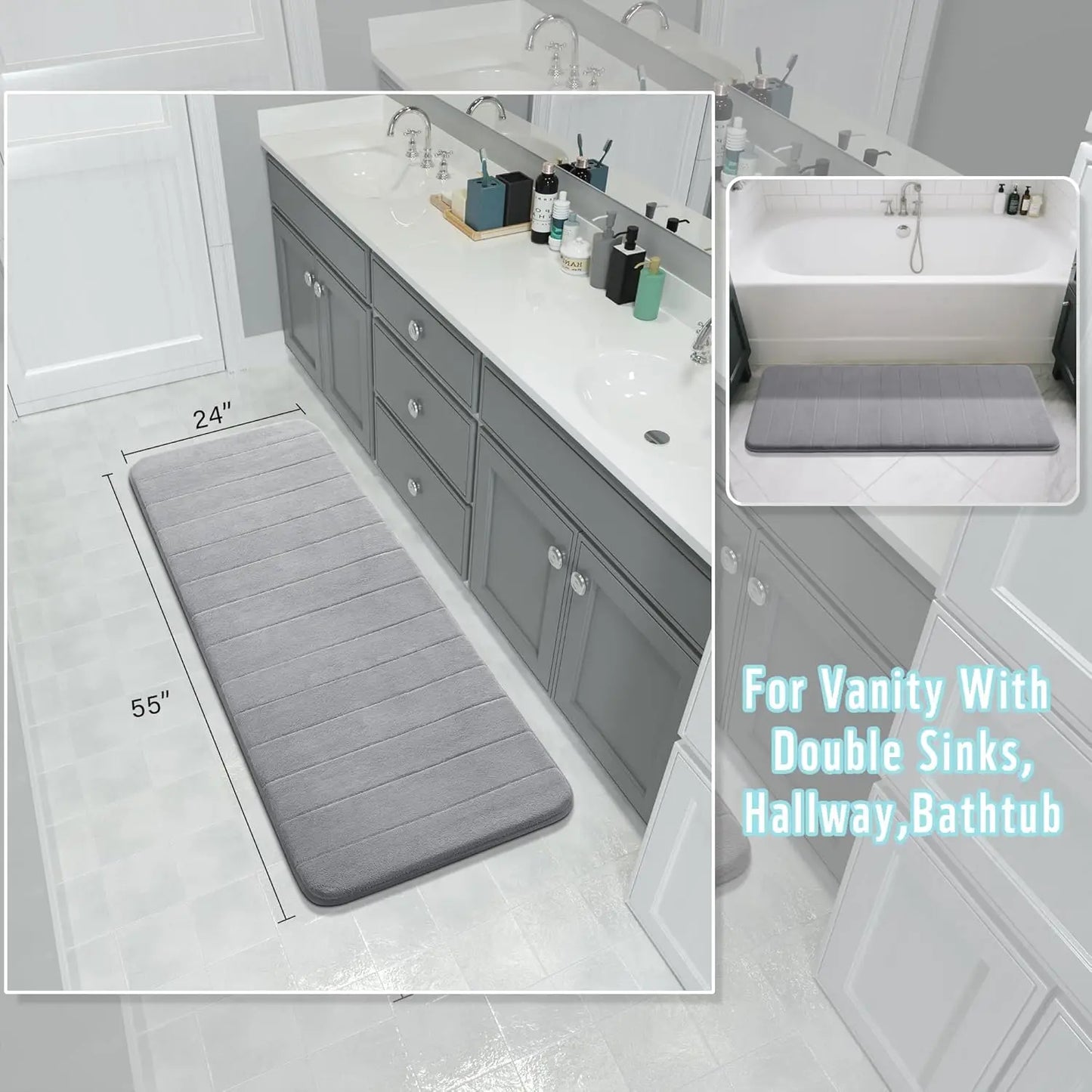 Non-Slip Memory Foam Bath Mat, Super Soft Water Absorbent Rug for Bathroom Vanity Tub Shower, Gray