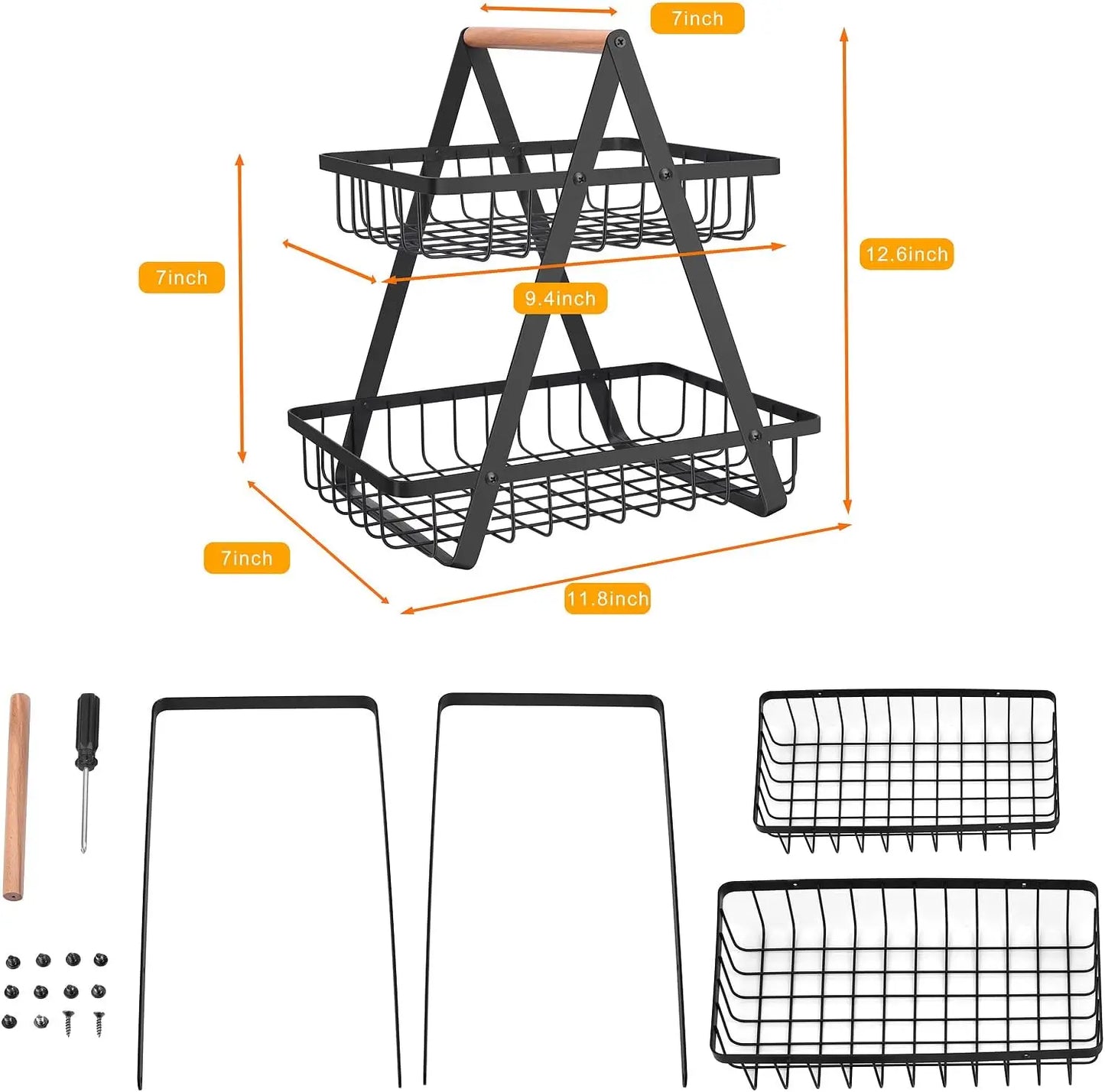 2-Tier Metal Fruit Basket, Portable Kitchen Organizer for Fruits Vegetables Snacks Storage