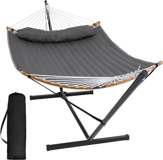 Double Portable Hammock with Stand, 2 Person Outdoor Camping Hammock, Curved Spreader Bar and Balance Ropes Included