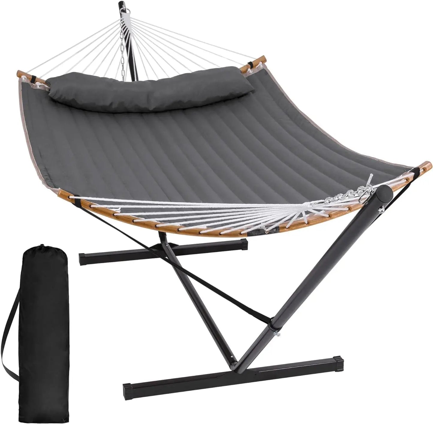 Double Portable Hammock with Stand, 2 Person Outdoor Camping Hammock, Curved Spreader Bar and Balance Ropes Included