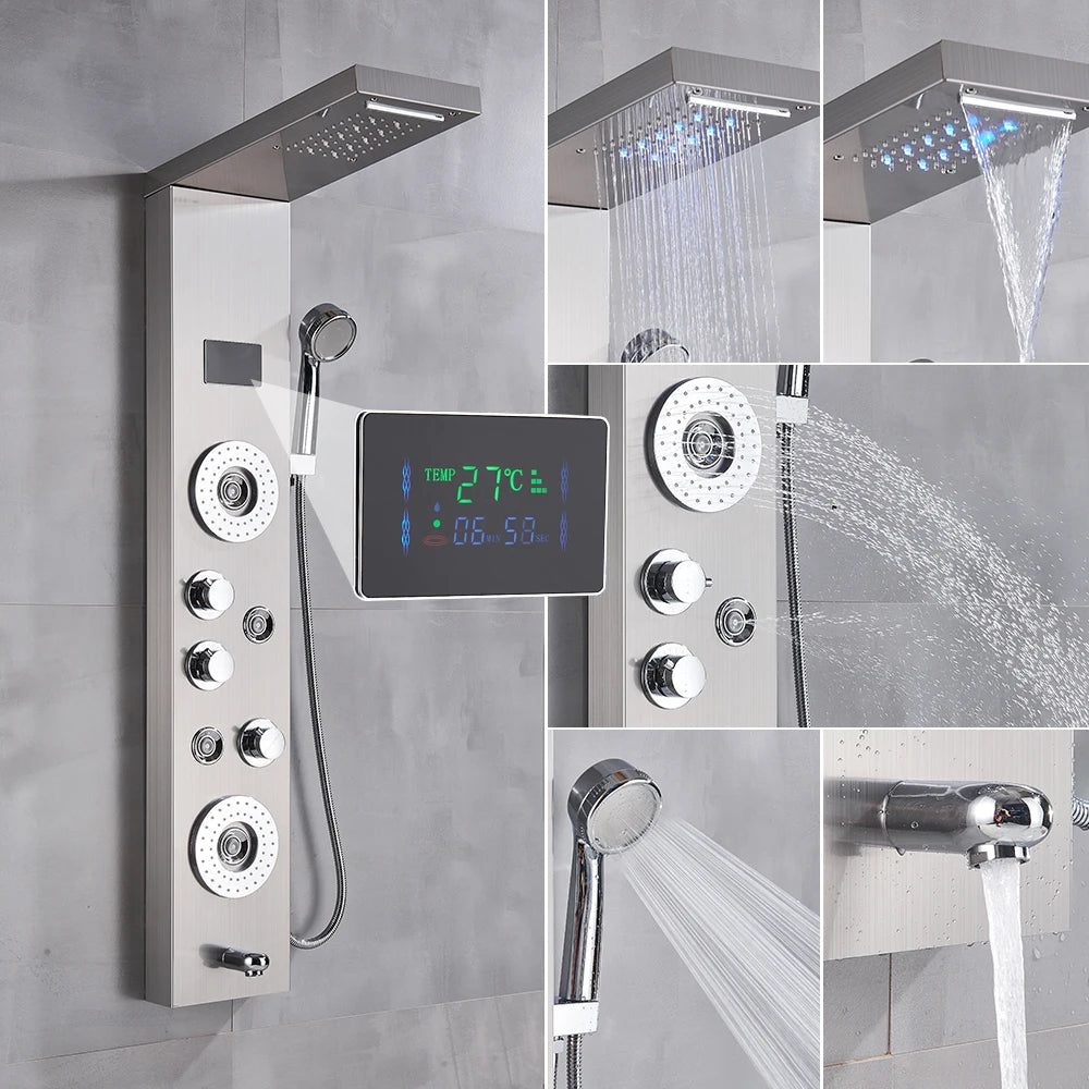 Newly Luxury Black/Brushed Bathroom Shower Faucet LED Shower Panel Column Bathtub Mixer Tap With Hand Shower Temperature Screen