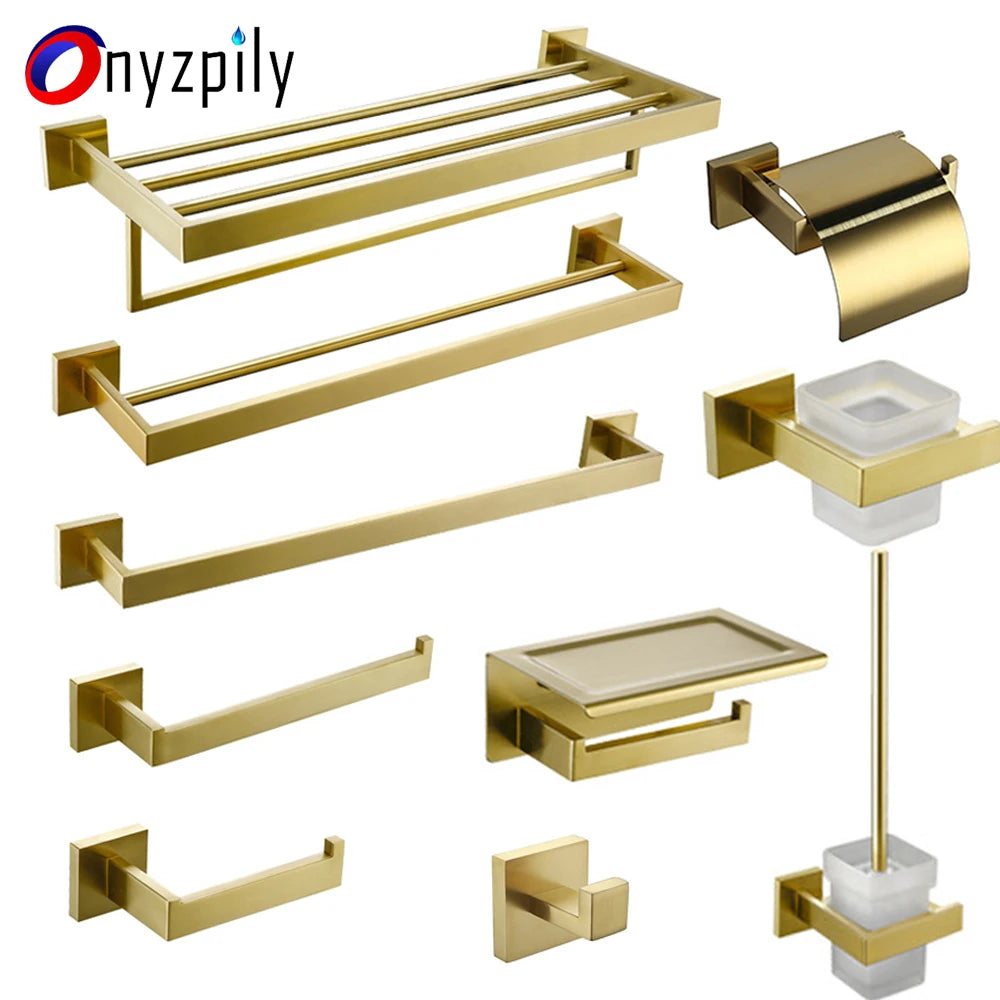 Brushed GoldBathroom Hardware Set Kit Accessories Wall Shelf Towel Bar Rack Rail Robe Hanger Toilet Brush Roll Paper Holder Dish
