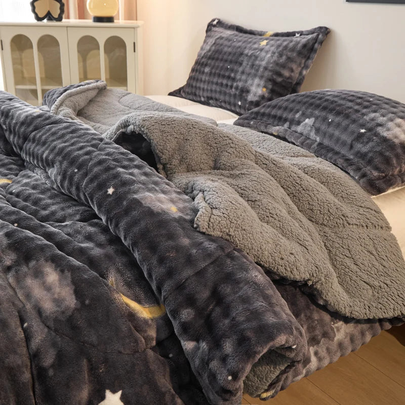 3-pc quilt set: all-season plush faux rabbit fur, Bohemian style. Perfect for bedroom/guest room & holiday gifts.