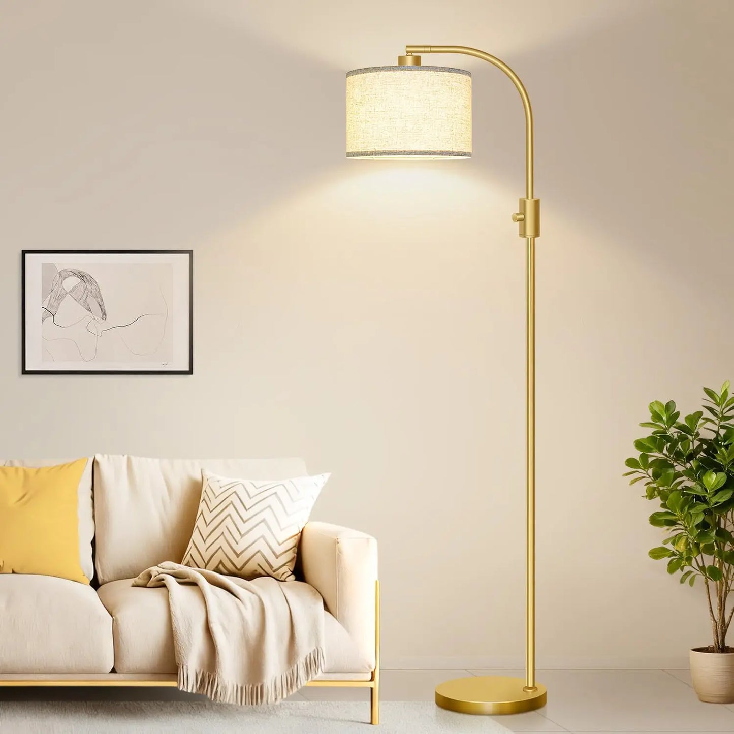Modern Arc Dimmable Floor Lamp with Linen Shade, 1200 Lumens LED Bulb Included, Gold Finish for Living Room