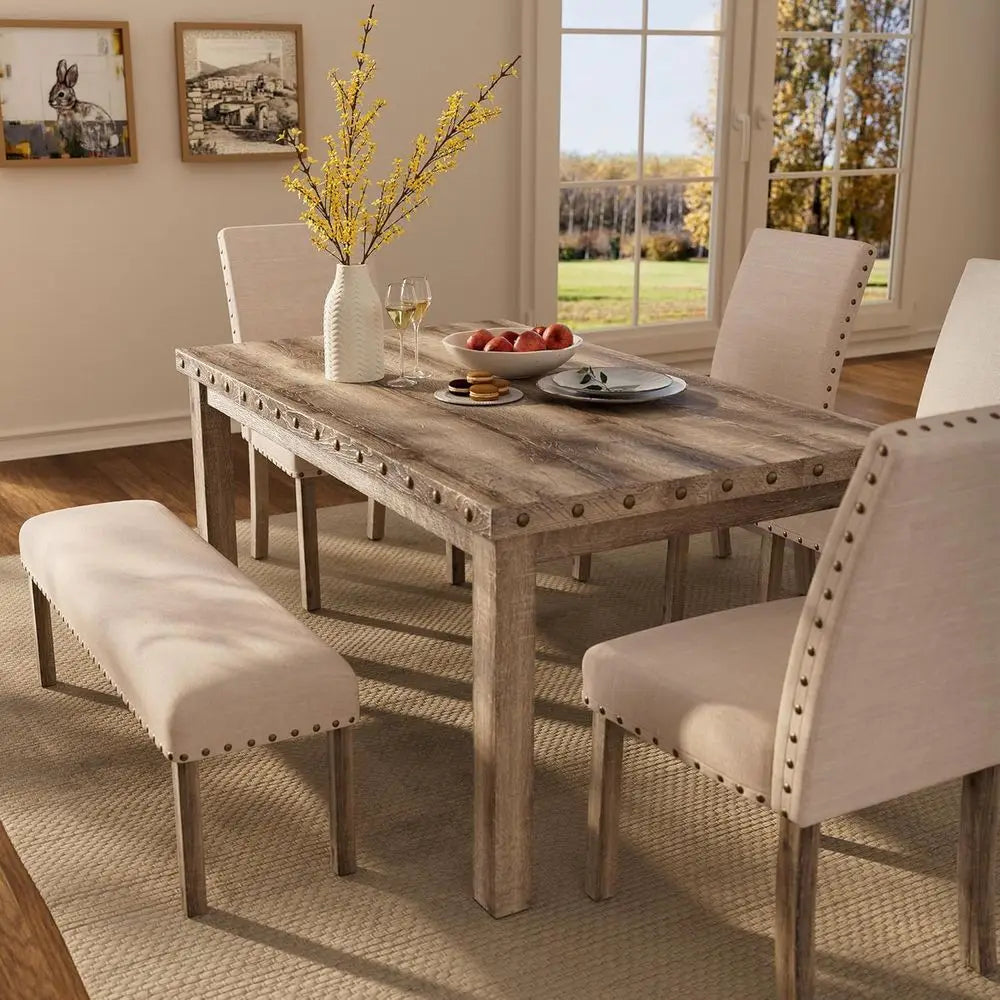 6-Piece Wooden Dining Set with Upholstered Bench and 4 Chairs, Elegant Kitchen Table with Nailhead Trim Accents