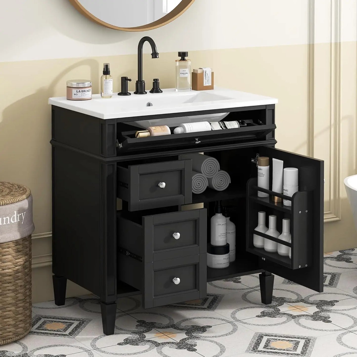 30" Bathroom Vanity Ceramic Sink Modern Freestanding Storage Cabinet Door 2 Drawers Tip-Out Drawer Solid Wood Frame, Customized