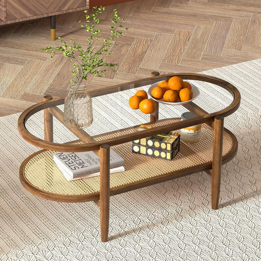 Rattan Coffee Table, 2-Tier Oval Acacia Wood Tea Table w/Tempered Glass Tabletop & PE Rattan Storage Shelf, Boho Cocktail Tables