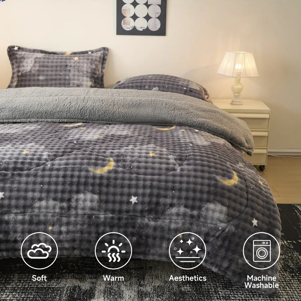 3-pc quilt set: all-season plush faux rabbit fur, Bohemian style. Perfect for bedroom/guest room & holiday gifts.