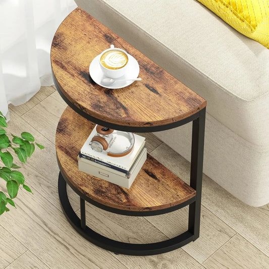2-Tier End Table Semi Circle, Half Round Side Table with Storage Shelf, Wood Accent Table Slim C Table for Sofa Couch