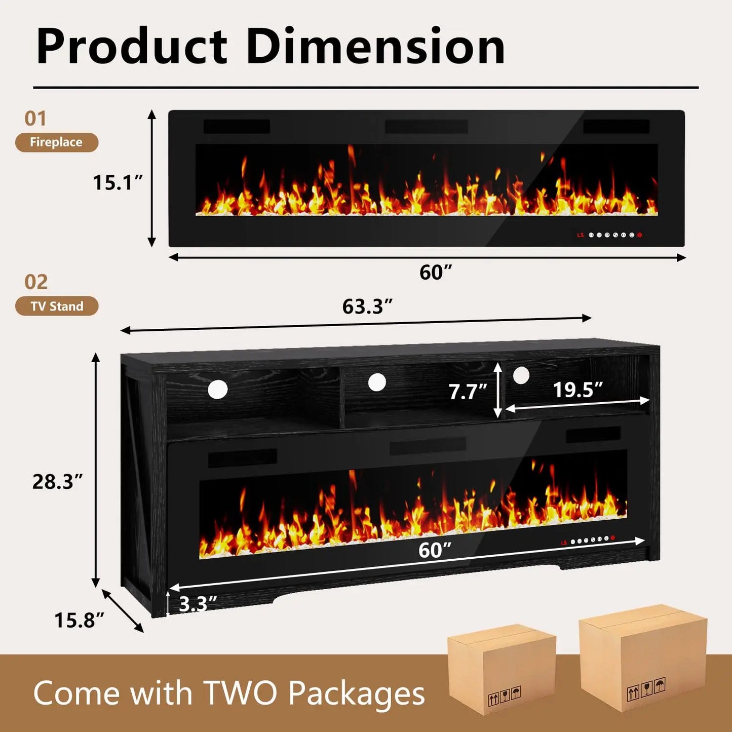 65" Fireplace TV Stand for Living Room, LED Entertainment Center for TVs Up to 75", Modern TV Stands with 60", Customized