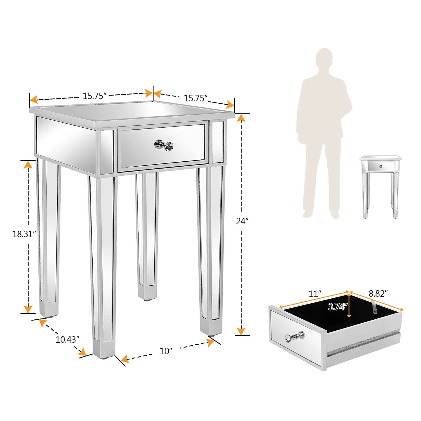 Mirrored End Table with Drawer Silver Modern End Table for Living Room 15.7x15.7x24 inch, Customized
