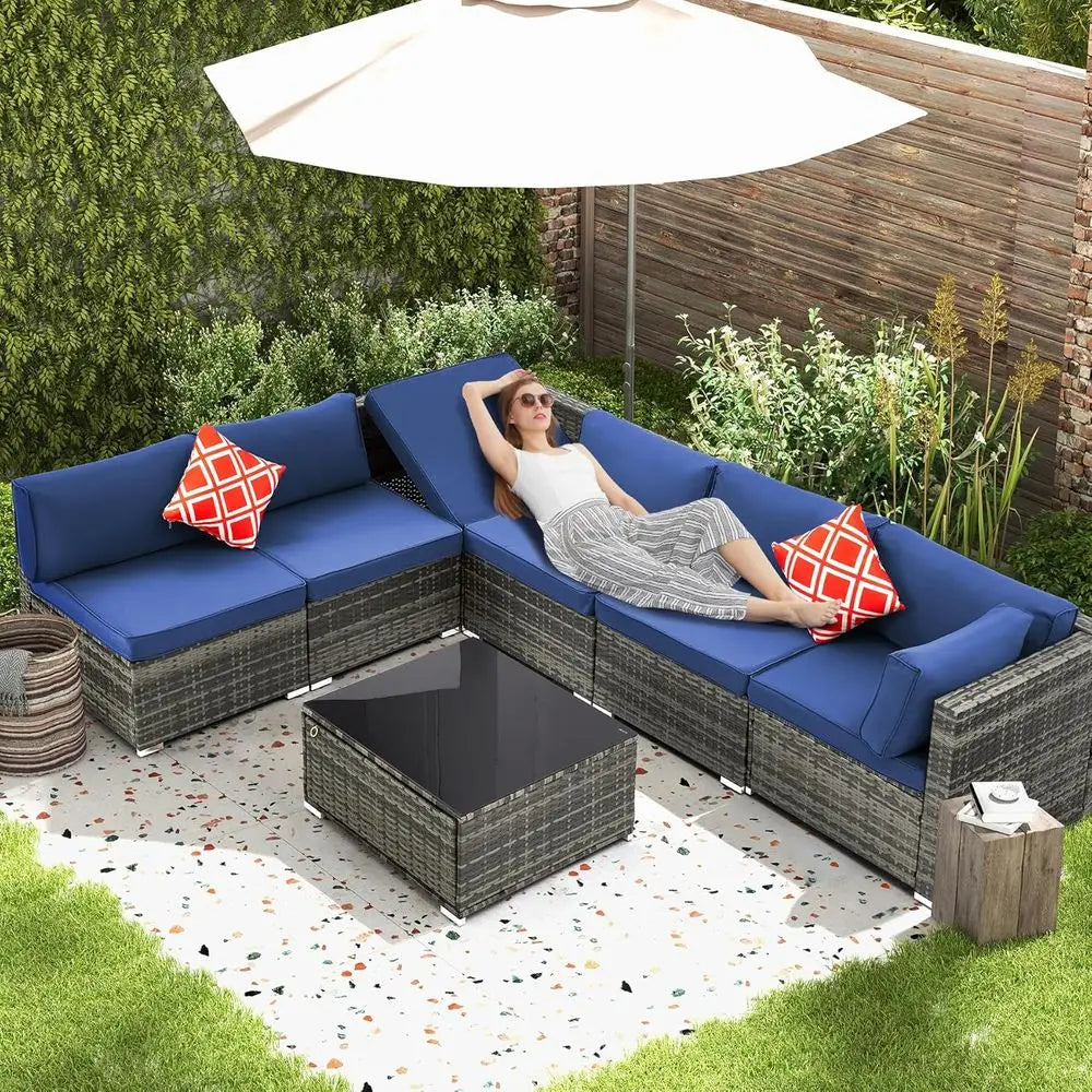 7-Piece Outdoor Patio Furniture Set, Handwoven PE Rattan, Sectional with Storage Table, Navy Blue Cushions & Pillows, Ideal for