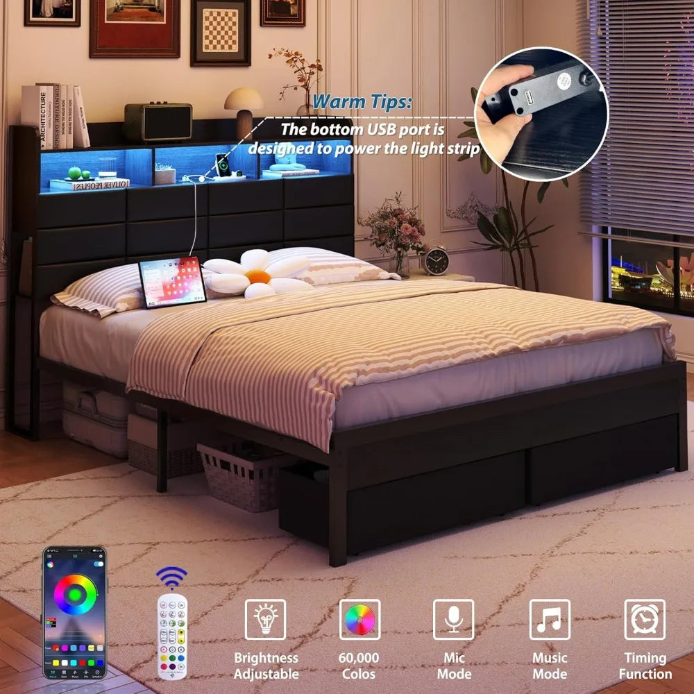 Full Bed Frame with Storage Headboard, Upholstered Black Bed Frame with 4 Drawers, LED Lights, and Charging, Customized