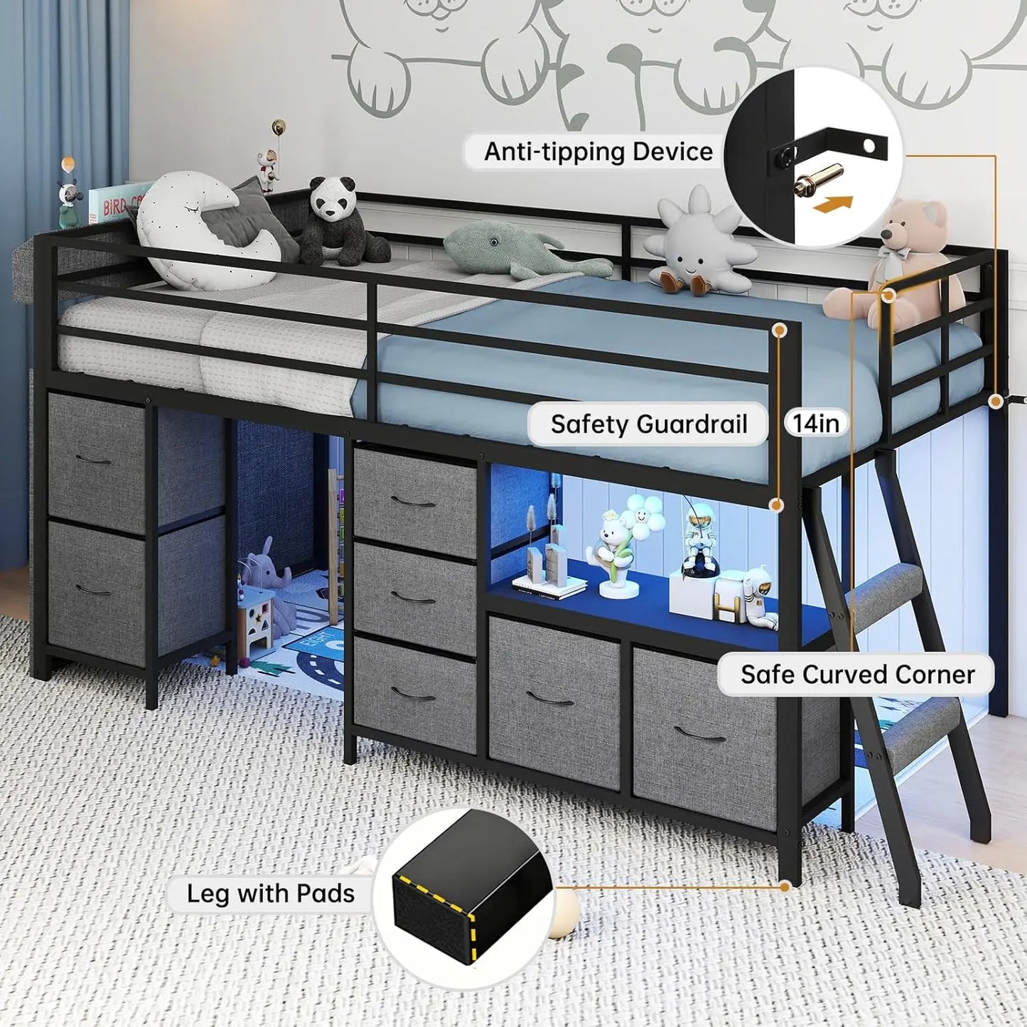Twin Low Loft Bed 7 Drawers Bookcase 14" Guardrail LED Steel Slat Kids Play Space Gray, Customized