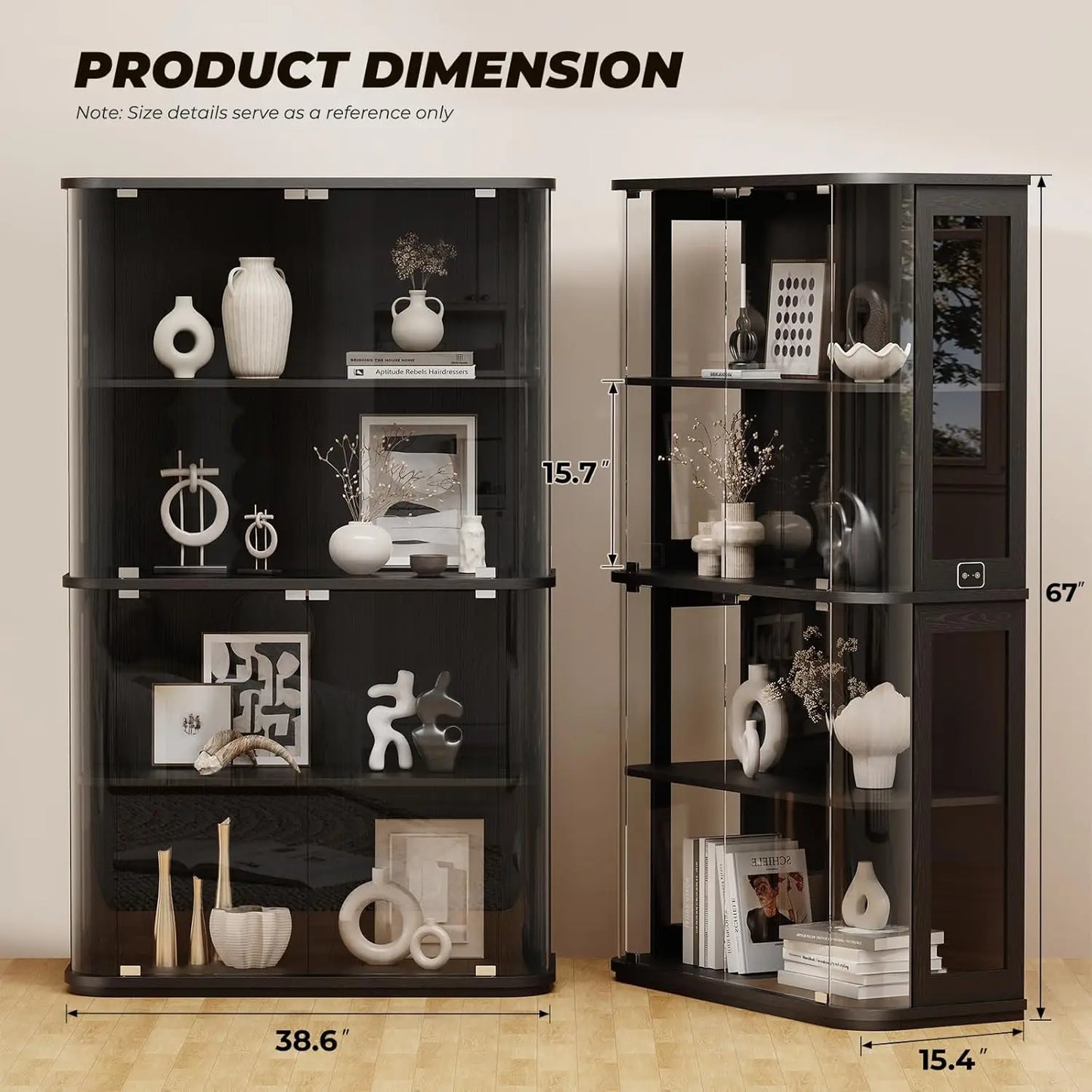 Large Rounded Display Cabinet with Glass Door, 4-Tier Curio Cabinet with 3 Color Lights for