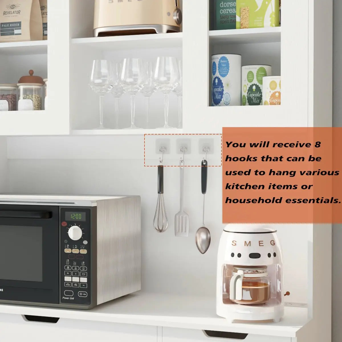 71" Tall Pantry Cabinet Hutch Microwave Stand Charging Station Adjustable Shelves Dining Living Room, Customized