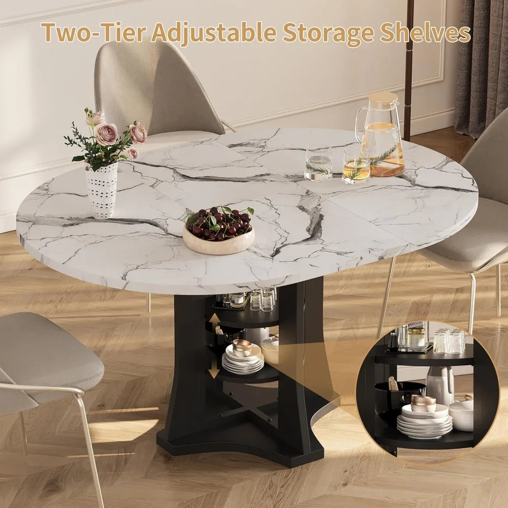 Extendable Dining Table 43"-59" for 4-6, White Faux Marble Round Kitchen Dining Room Table with 2 Tier Storage, Customized