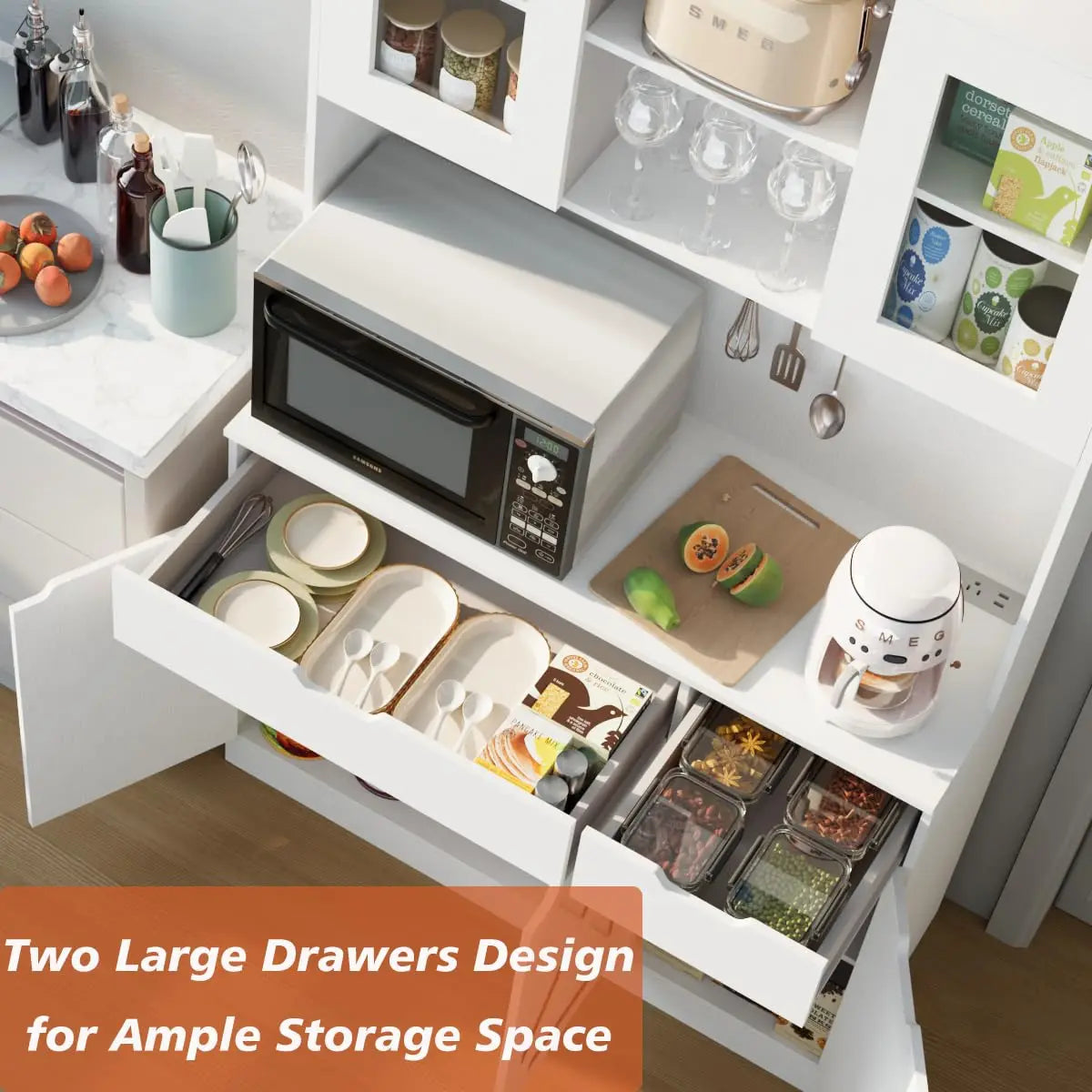 71" Tall Pantry Cabinet Hutch Microwave Stand Charging Station Adjustable Shelves Dining Living Room, Customized