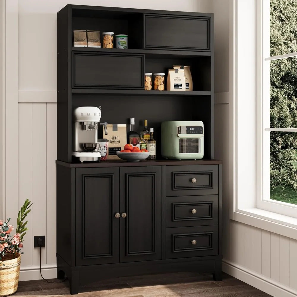71" Tall Kitchen Pantry Cabinet with Microwave Shelf Built-in Charging Station, Black Sliding Door Cabinet, Customized