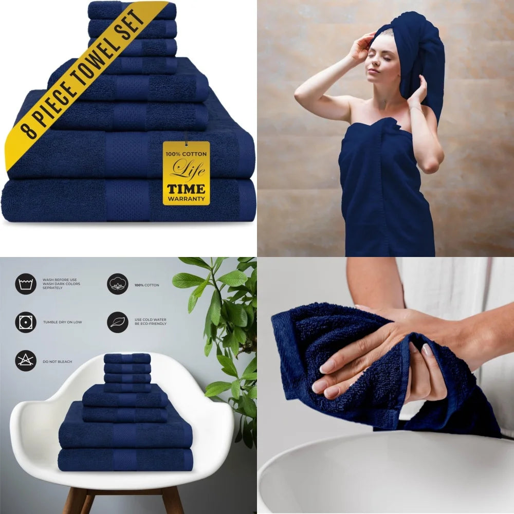 towel8 Piece Blue Towel Gift Set 2 Bath Towels 2 Hand Towels 4 Washcloths 100 Cotton Soft Absorbent Luxury Towels for Bathroom