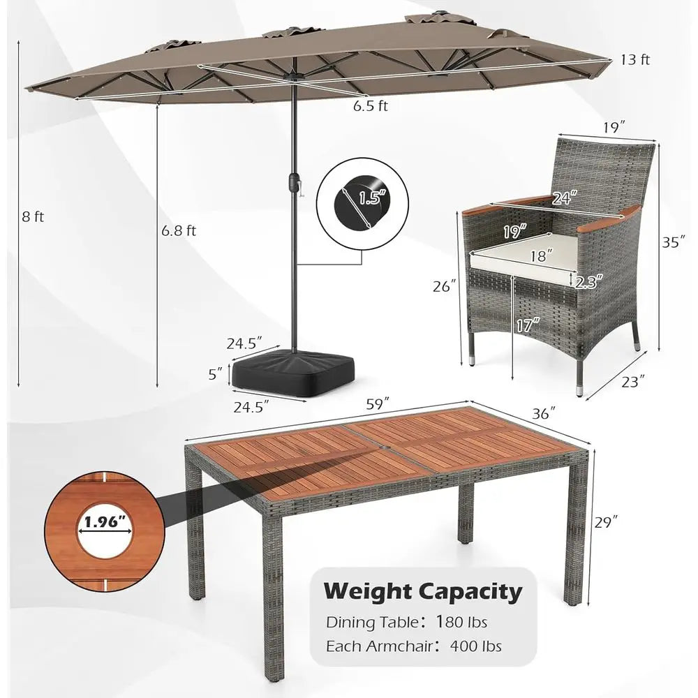 9-Piece Rattan Outdoor Dining Set with 13ft Patio Umbrella or 6-Seat Wicker Table Set with Cushioned Chairs, Acacia Wood Top, Ou